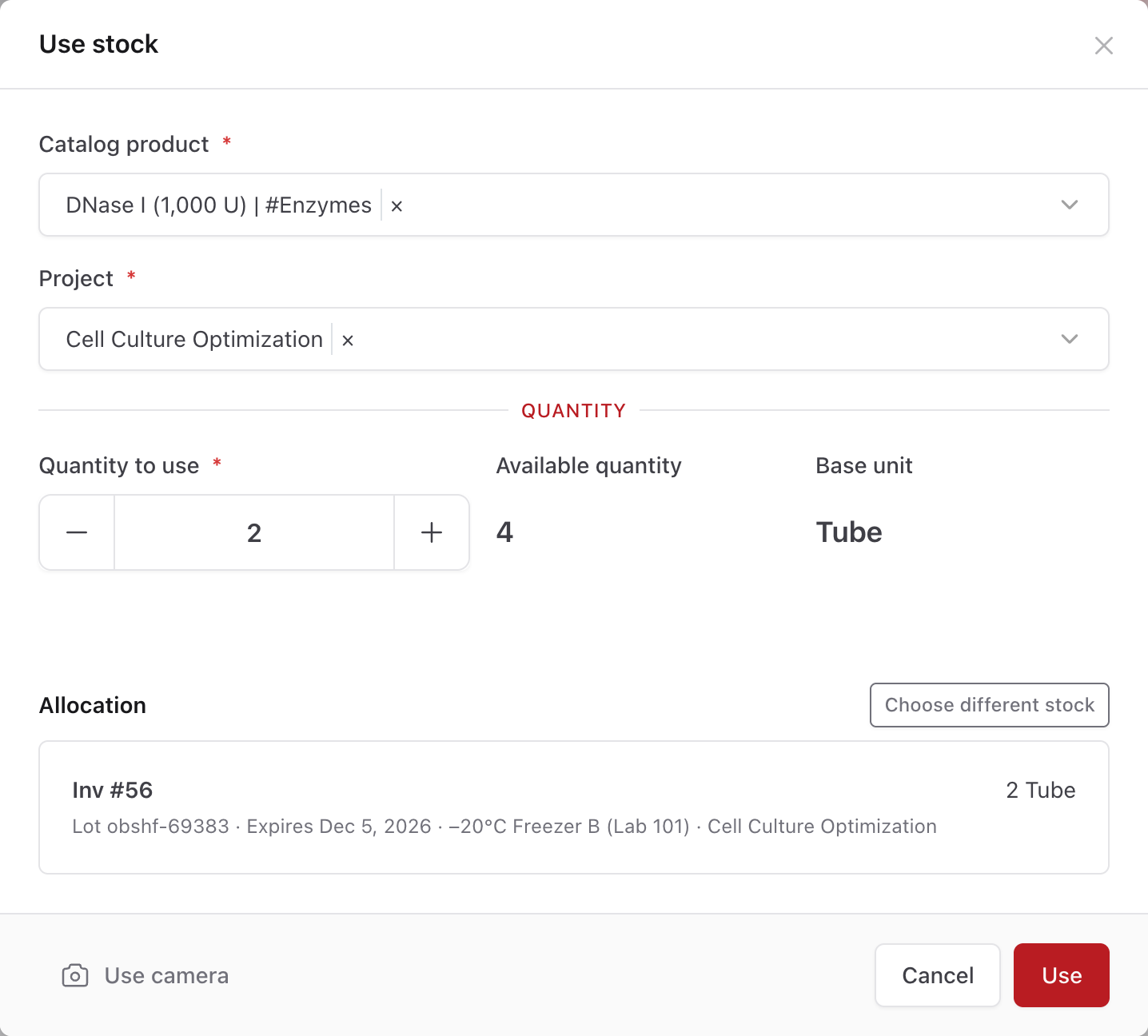 Dialog Use stock für DNase I mit Projekt, Menge, zugeteilter Charge, Verfallsdatum und Gefrierschrank