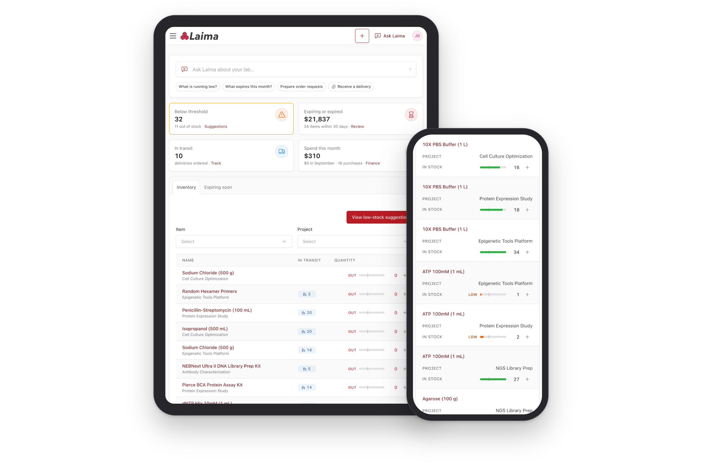 Laima-Dashboard auf einem iPad und die Inventarliste auf einem iPhone